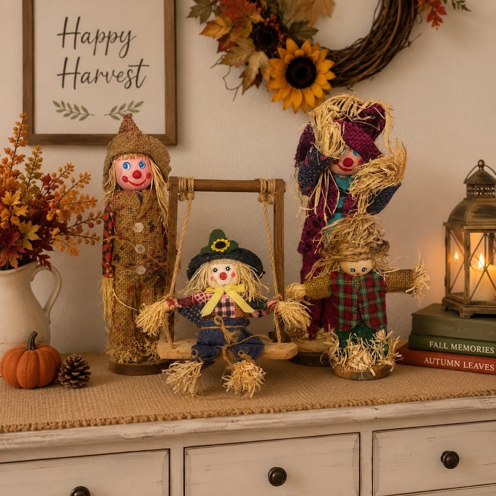 Vintage Mixed Scarecrow Figurine Set of 4 Fall Harvest Autumn Decor Burlap Straw